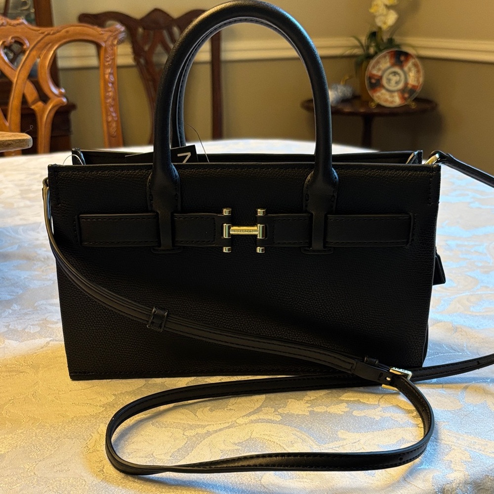 Halston Heritage Black Leather Top-Handle Satchel with Gold Hardware